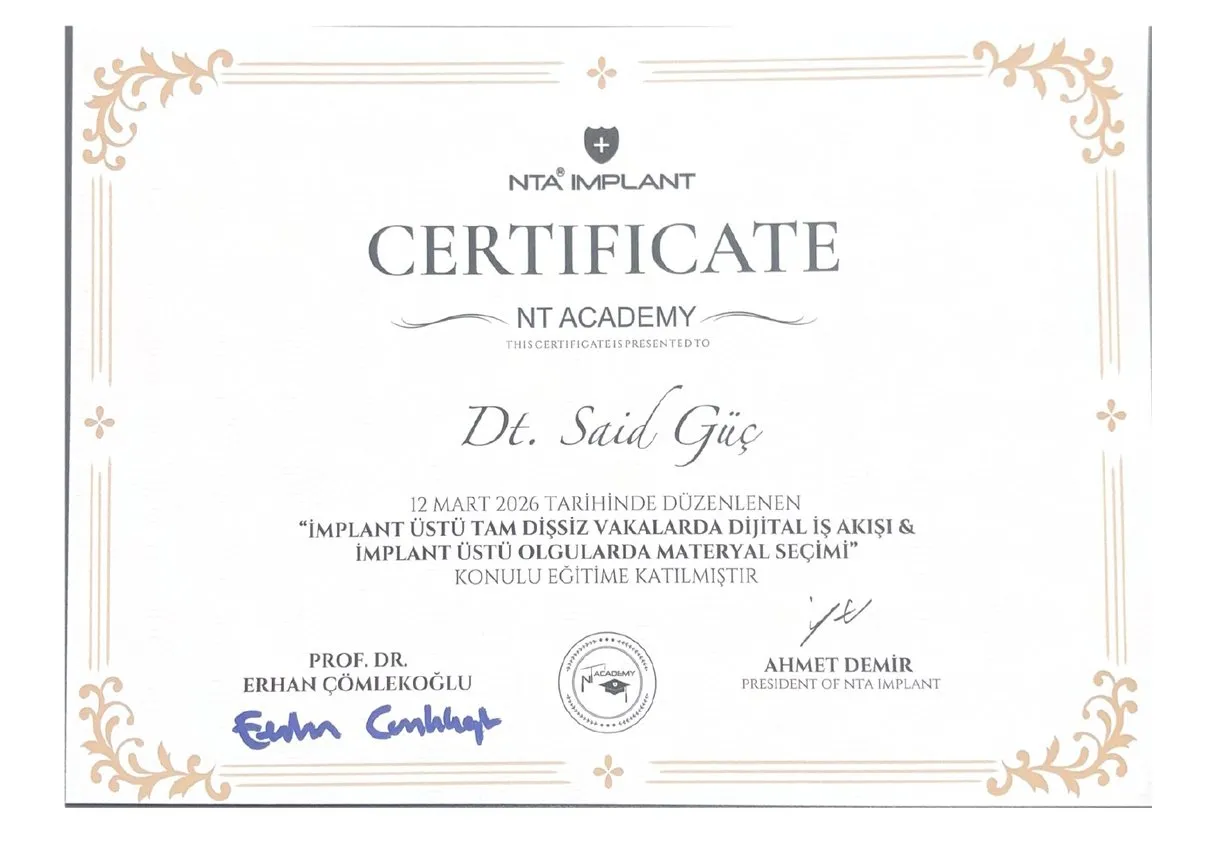 İmplant Üstü Tam Dişsiz Vakalarda Dijital İş Akışı ve Materyal Seçimi sertifikası